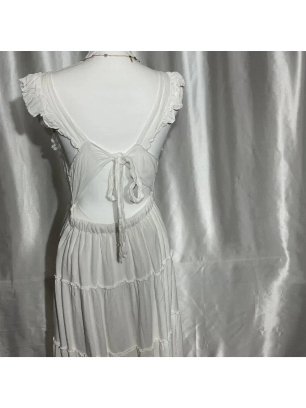 White Ruffle Sleeve Tiered Maxi Dress With Square Neckline size L - Picture 8 of 11